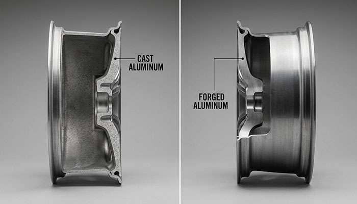 Comparison illustration showing cast versus forged wheel construction differences