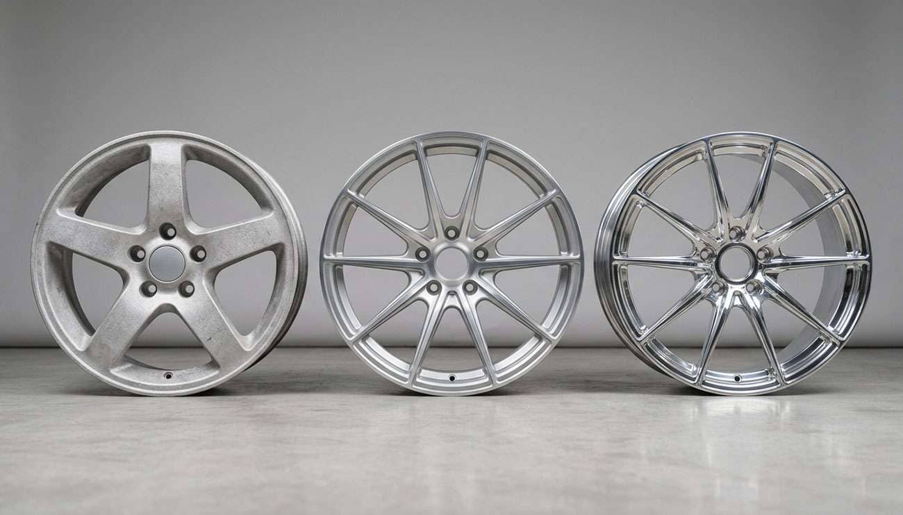 Cast vs forged vs flow formed wheels comparison showing three different wheel manufacturing methods side by side