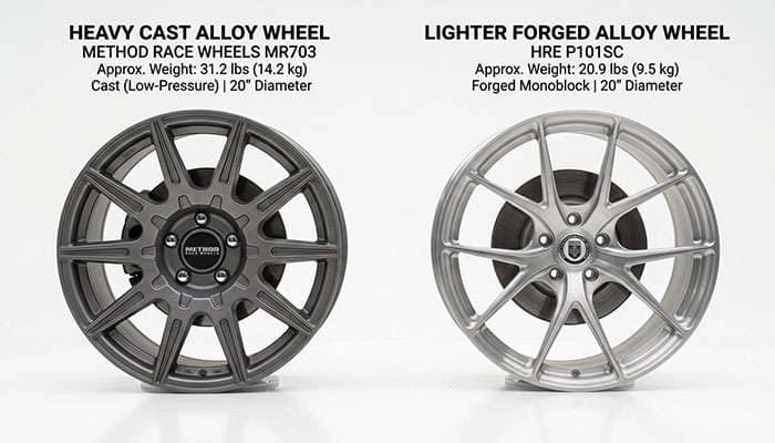 Comparison of a heavy cast wheel and a lightweight forged wheel