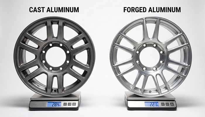 Comparison of cast 8 lug wheel and forged 8 lug wheel on scales showing exact weights