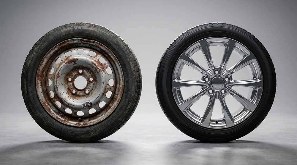 Comparison of cast and forged wheels of exact sizes on scales showing weight difference