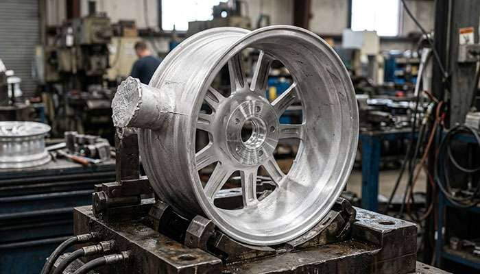 Cast aluminum wheel showing the gravity casting manufacturing process