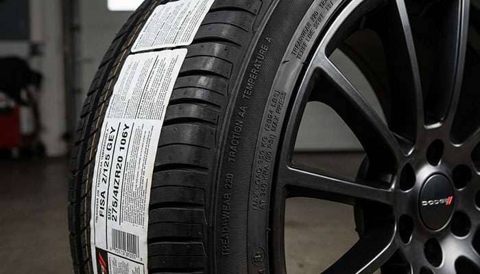 Permanent tire stickers displayed on a Dodge Challenger tire, featured in a Dodge Challenger Forum discussion