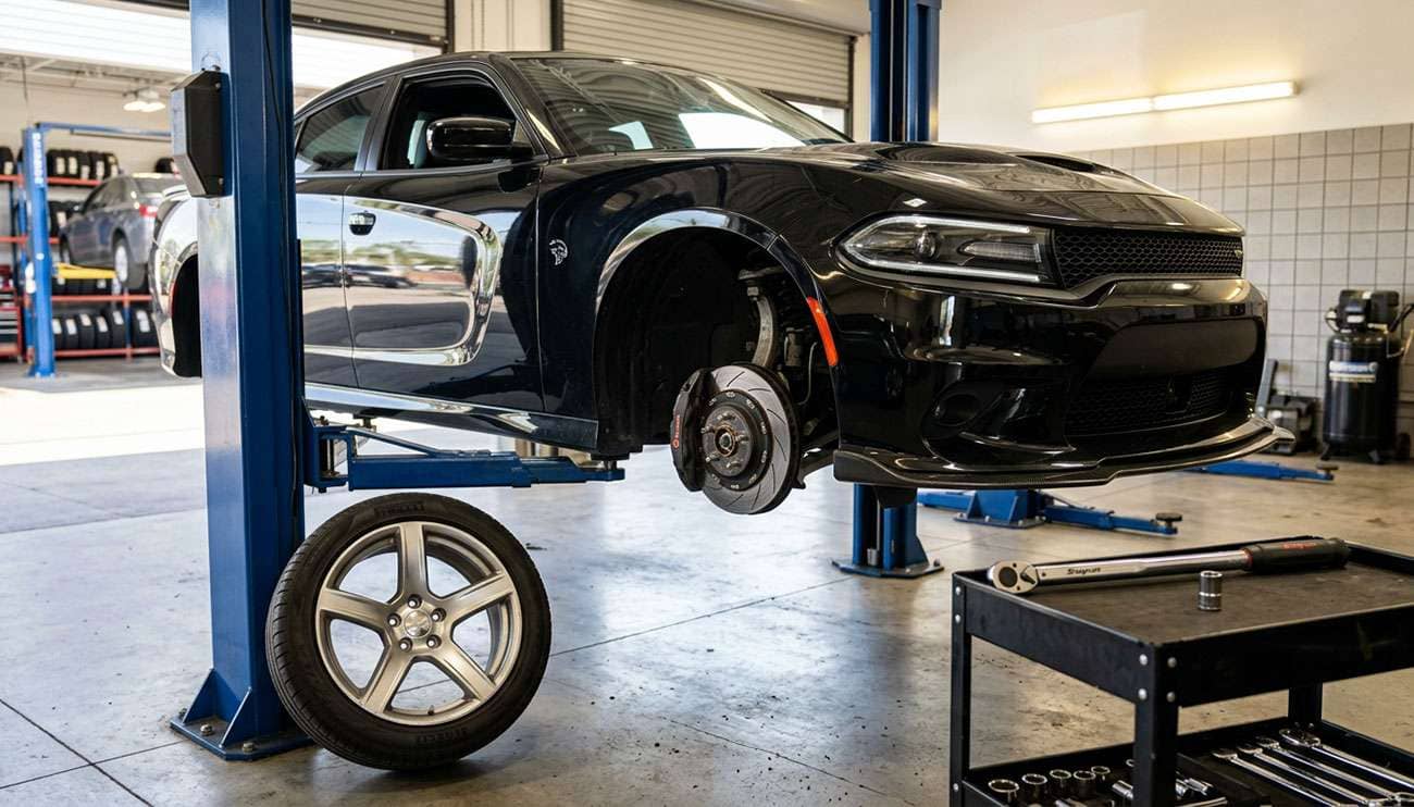 Modern American muscle sedan on a lift with one wheel removed, showing the five-lug hub next to an older five-spoke wheel