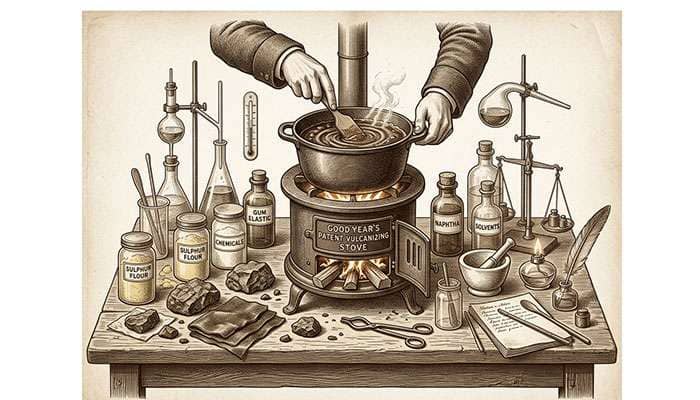 Vintage illustration of Charles Goodyear working with rubber and sulfur during vulcanization discovery on a clean white surface