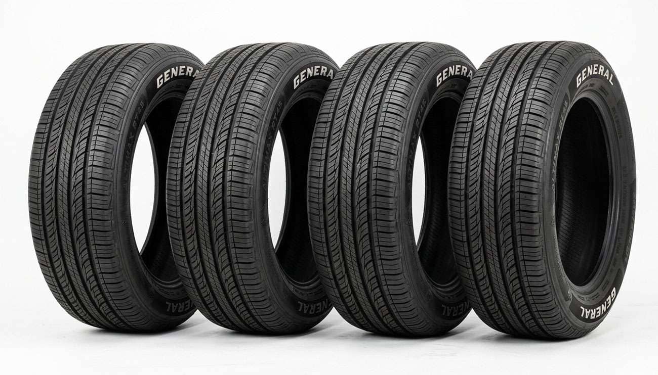 Four new General AltiMax RT45 all-season tires standing in a row on a clean white backdrop