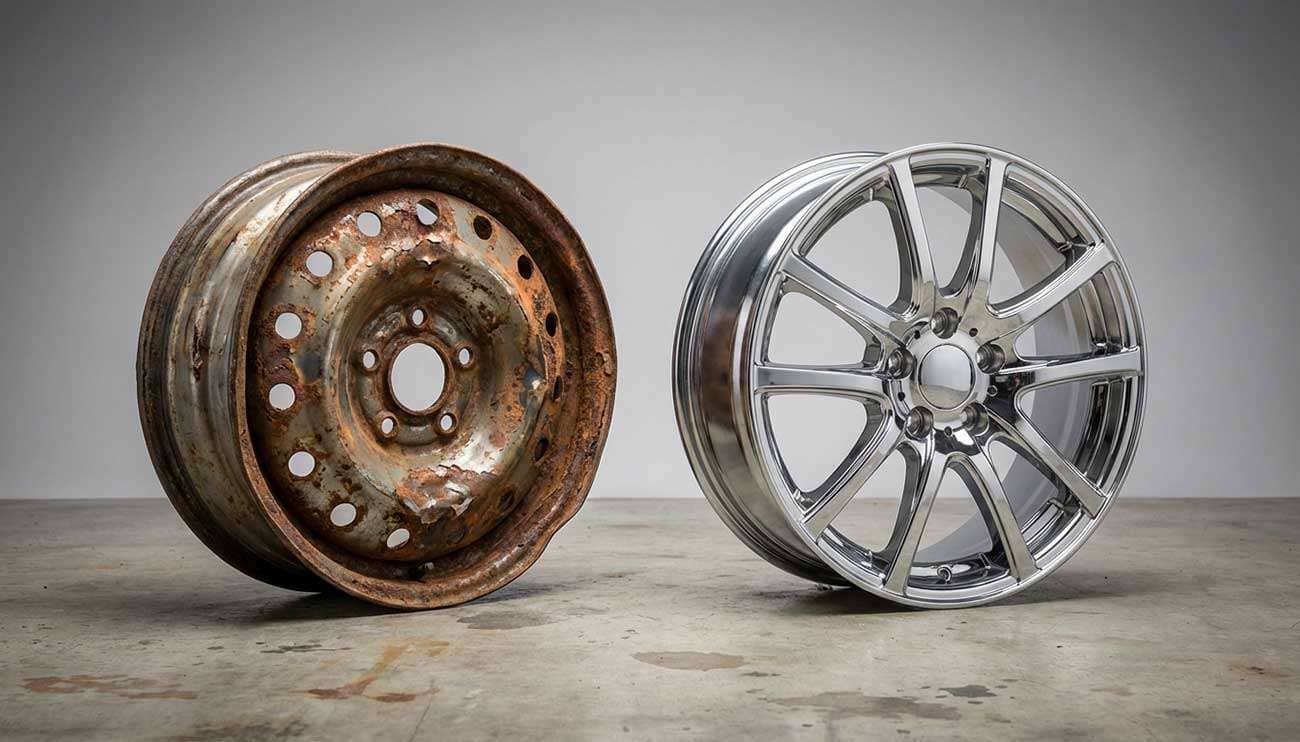 Comparison of a rusted worn cheap rim and a new polished high-quality rim on a garage floor