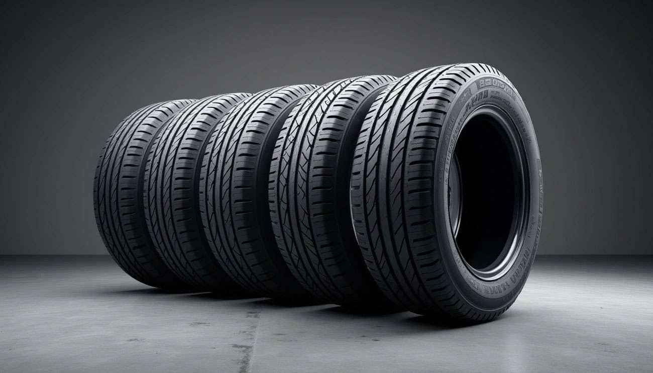 Row of six new black car tires with detailed tread patterns on gray floor against dark background