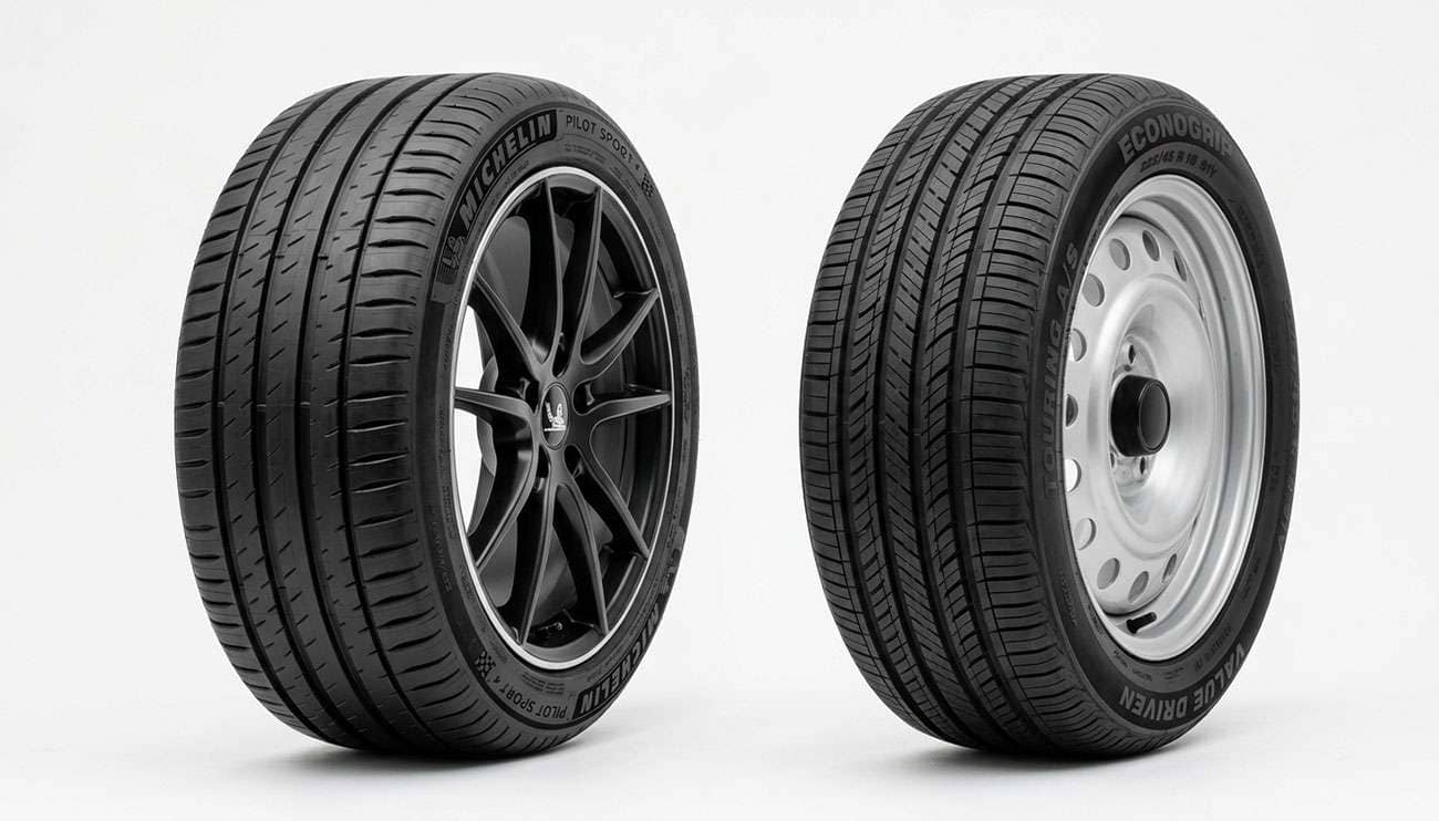 Budget and premium passenger tires displayed side by side on a clean white studio backdrop