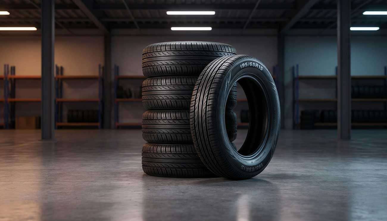 Stack of new black 195/65R15 tires with detailed tread patterns on a reflective concrete floor