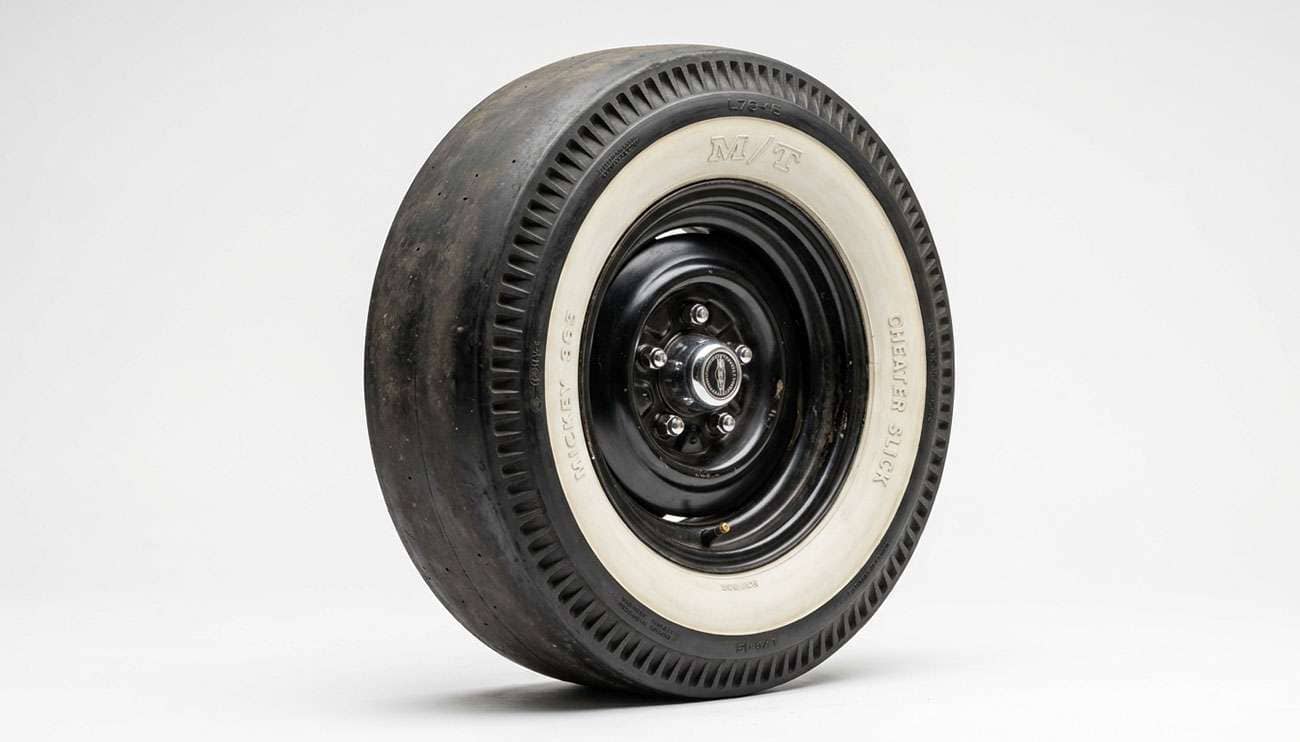 Bias-ply cheater slick drag tire with a pie-crust shoulder and wide whitewall on a clean white studio backdrop