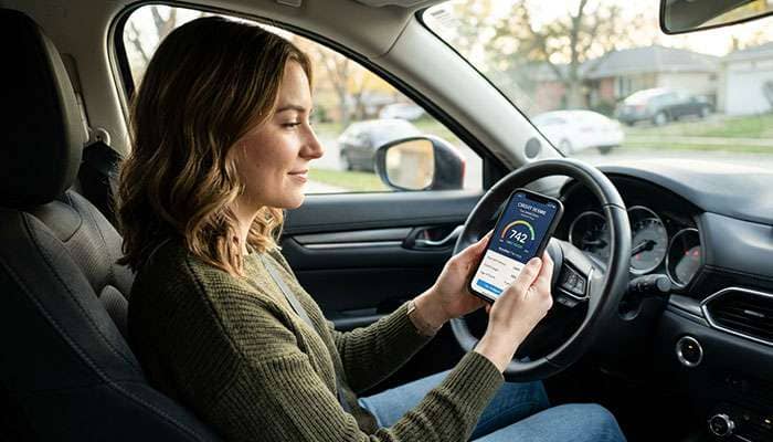Person checking their credit score on a smartphone while seated in a car