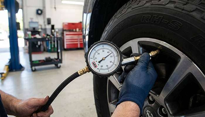 Technician checking tire pressure with a dial gauge to match load capacity