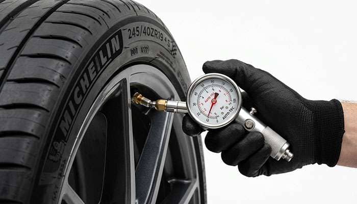 Tire pressure gauge checking a tire to diagnose squealing from underinflation