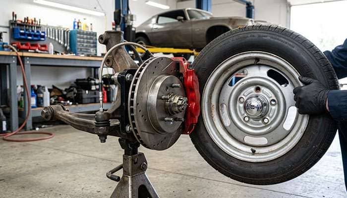 Front disc brake caliper and rotor on a Chevelle spindle with a 15-inch Rally-style wheel held up for a clearance check