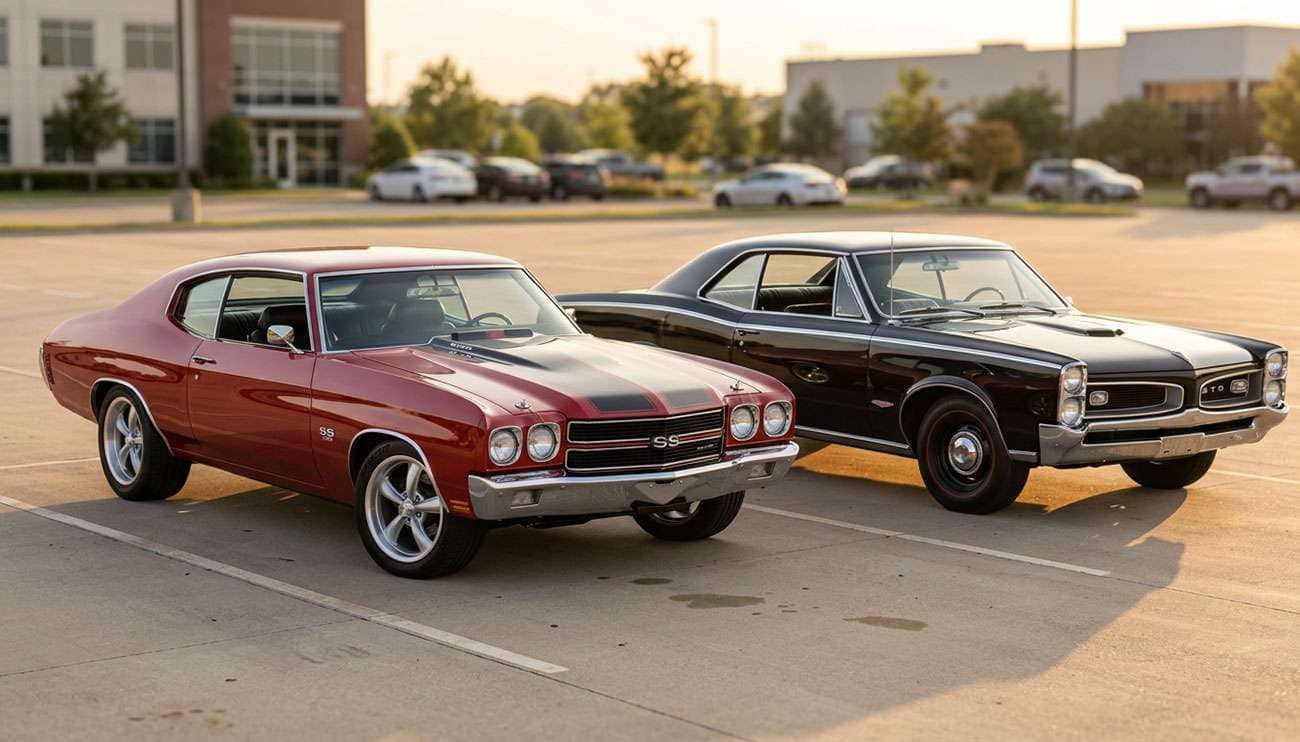 1970 Chevelle SS on 18-inch wheels parked beside a 1966 Chevelle Malibu on 14-inch factory steel wheels with red line tires