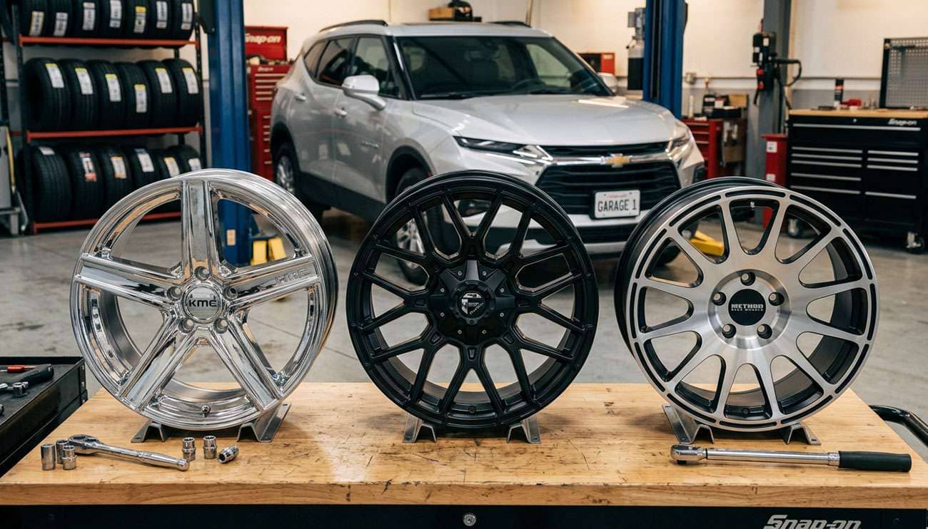 Three different aftermarket wheels displayed on a table in front of a silver Chevrolet Blazer in a garage setting