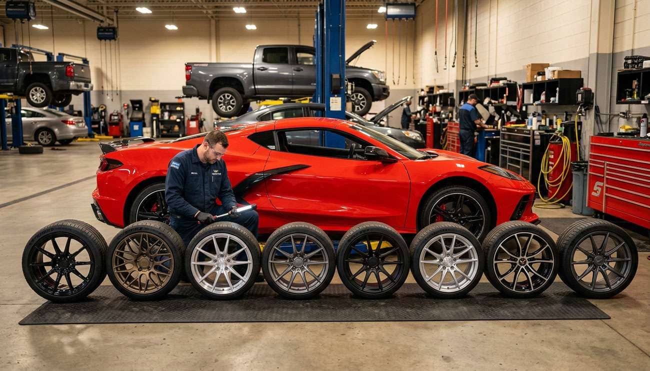 Technician inspects Chevrolet Corvette with multiple aftermarket wheels lined up in a garage setting