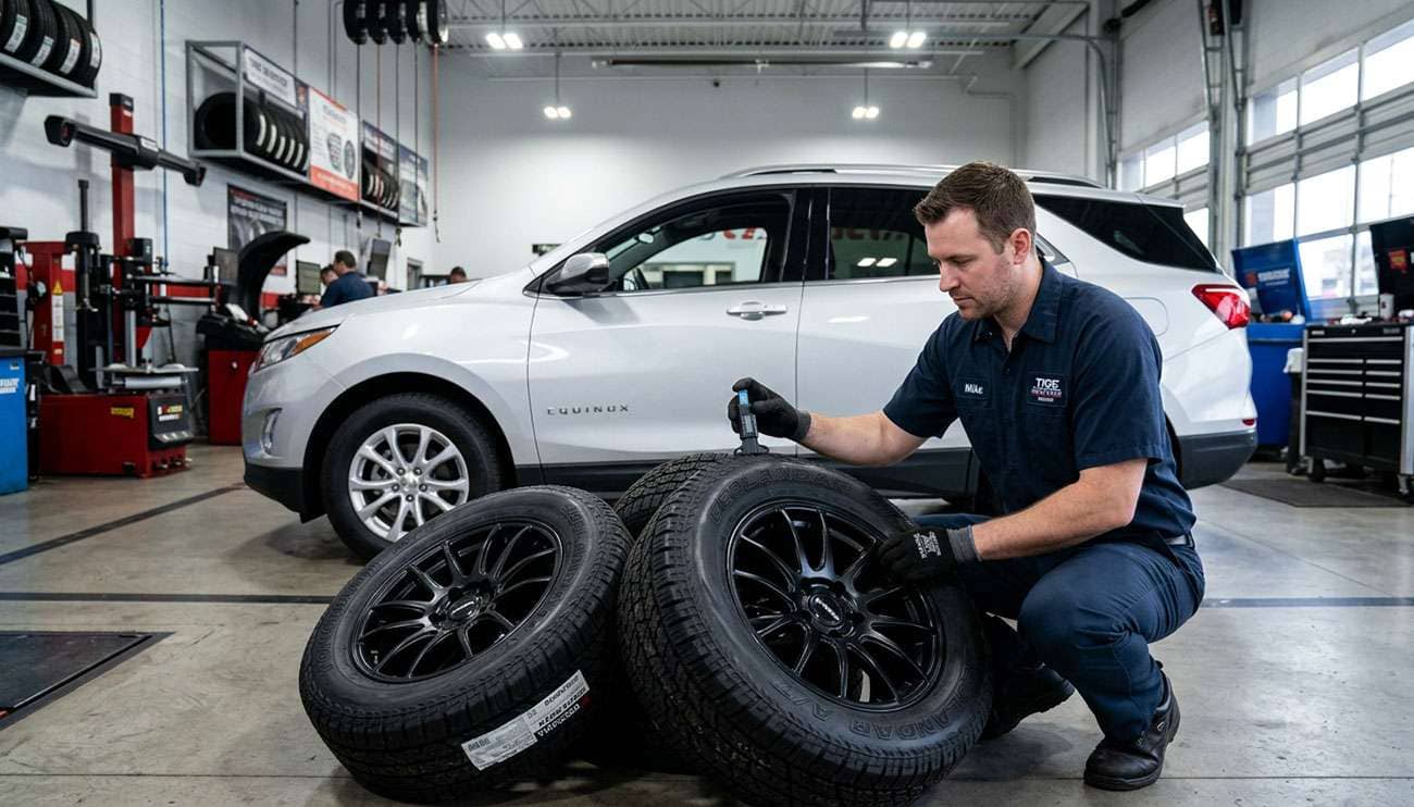 Technician inspecting aftermarket tires in front of a silver Chevrolet Equinox in a tire service garage
