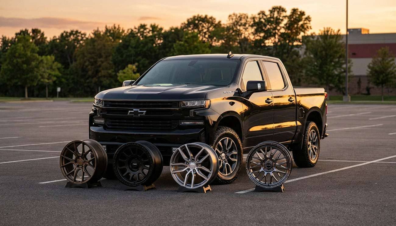 Black Chevy Silverado 1500 parked outdoors with four different aftermarket wheels displayed in front at sunset