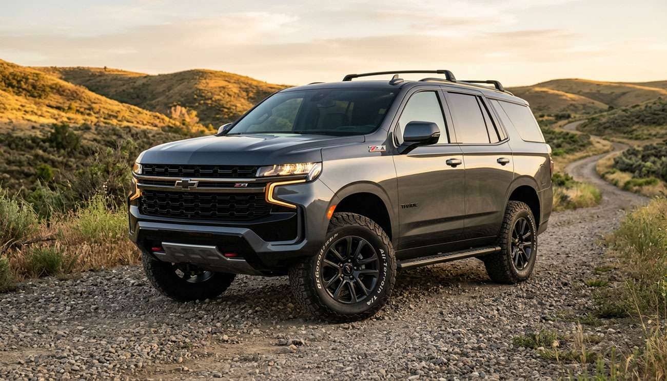 Chevy Tahoe full-size SUV on 33-inch all-terrain tires parked on a gravel trail