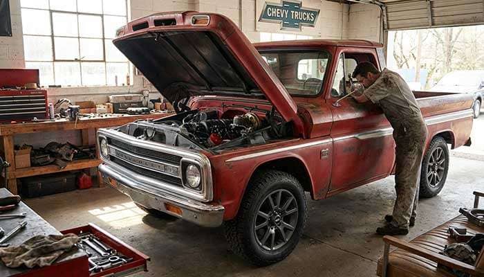 Older model Chevy truck with hood open and aftermarket wheels, accompanied by text about wheel and tire fitment challenges