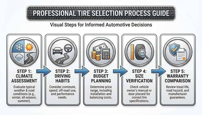 Step-by-step visual guide showing the tire selection process for Honda CR-V owners