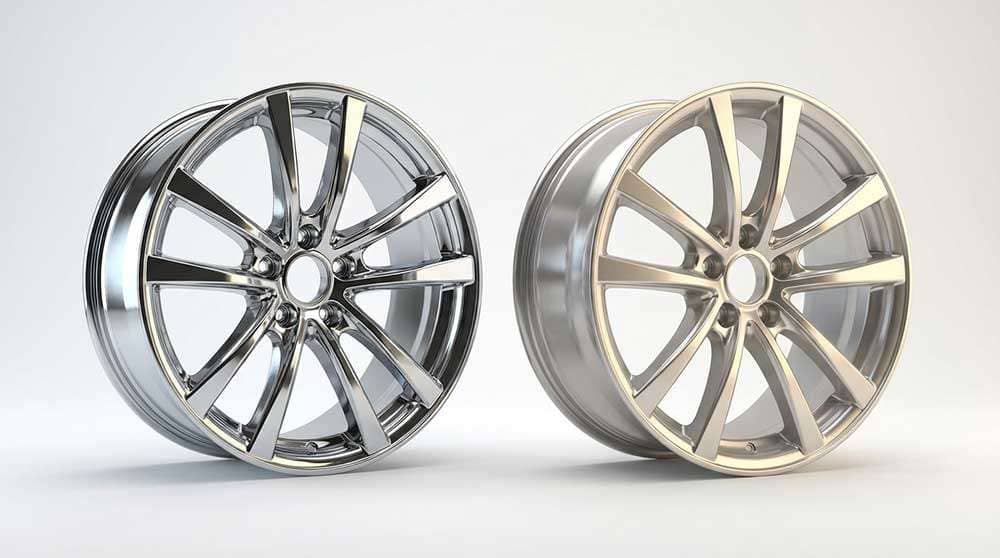 Chrome wheel and polished aluminum wheel comparison showing different reflective finishes and spoke designs