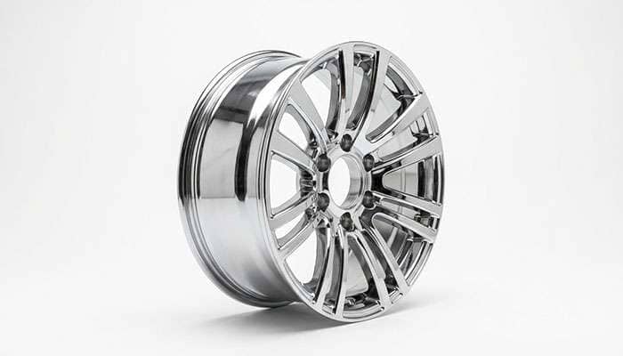 Chrome truck rim with mirror-like finish showcasing reflective electroplated surface