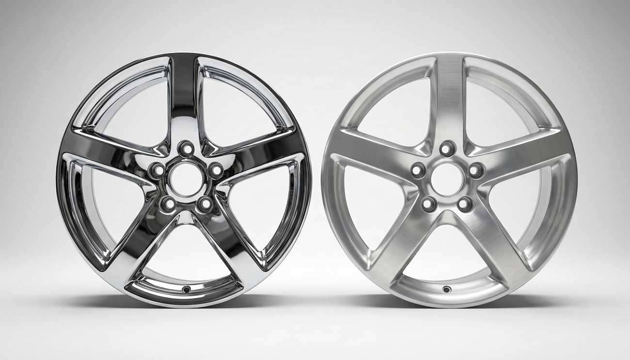 Chrome wheel and polished aluminum wheel side by side comparison showing reflective finish differences