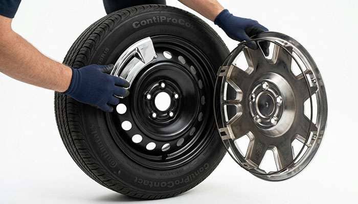 Chrome full wheel cover being fitted over a black steel wheel