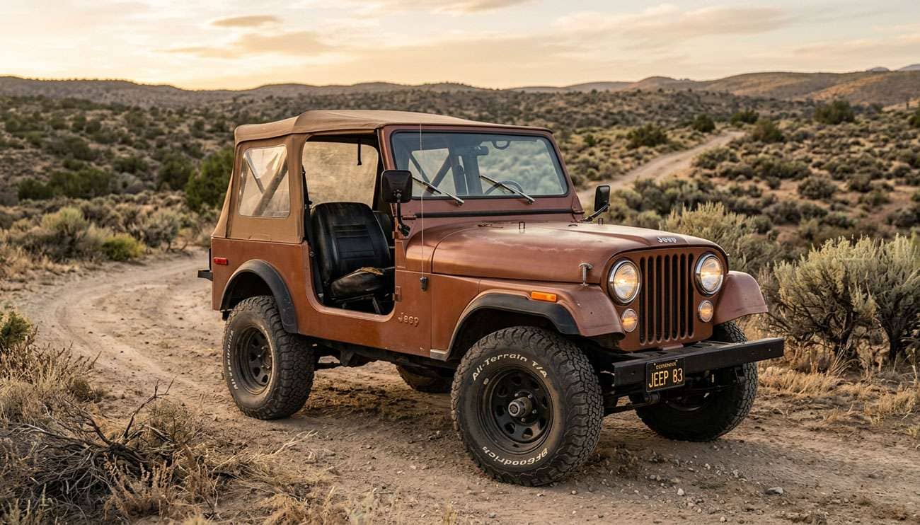 Classic CJ-7 on 31x10.50R15 all-terrain tires and 15x8 steel wheels parked on a dirt trail