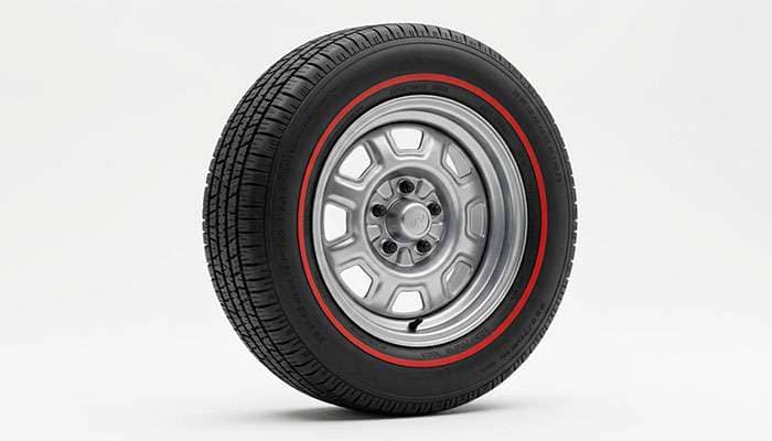 Classic 15-inch rally-style steel wheel with a redline tire on a white studio backdrop
