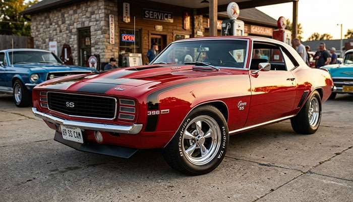 Classic American muscle car with period-correct aluminum wheels installed