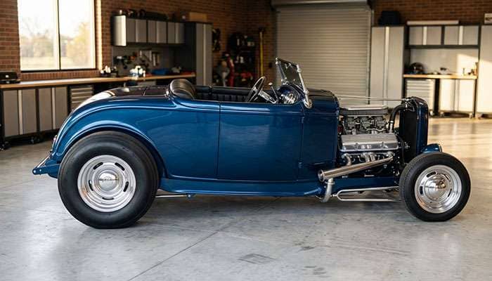 Classic hot rod fitted with polished custom two-piece wheels built to a specific backspacing