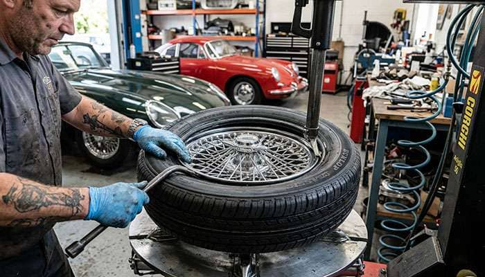 Radial tire being installed on classic car showing proper fitment and sidewall flexibility for vintage vehicle restoration