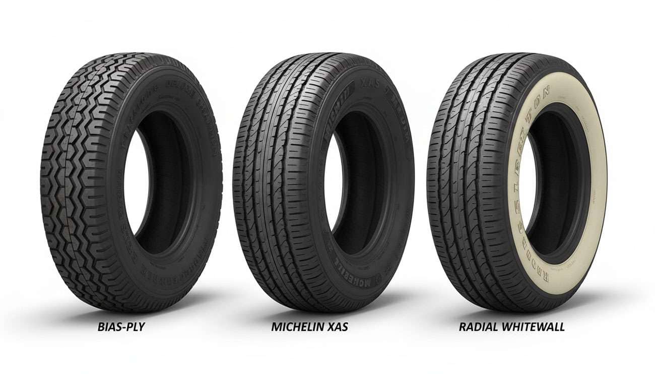 Different types of classic car tires displayed side by side showing bias-ply radial and whitewall options for vintage automobiles
