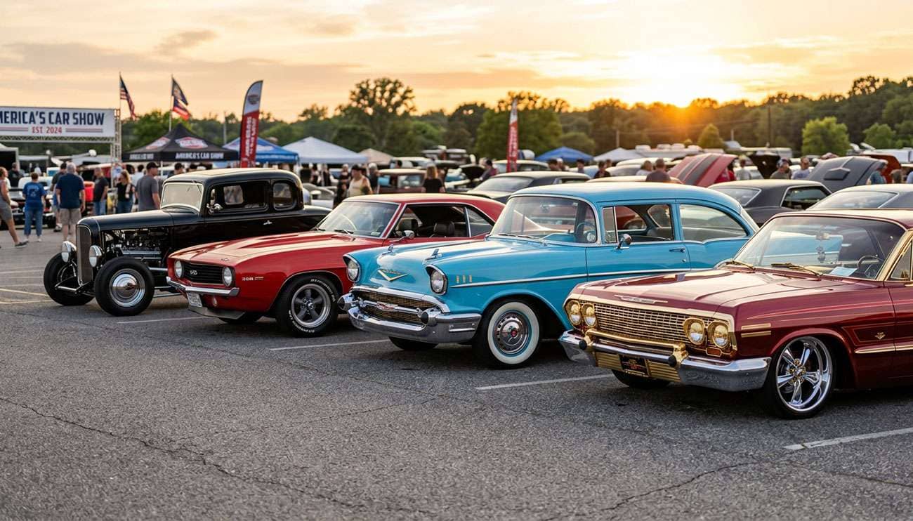 Row of classic cars at a car show displaying different iconic wheel styles including smoothies, Torq Thrust, rally, and billet wheels