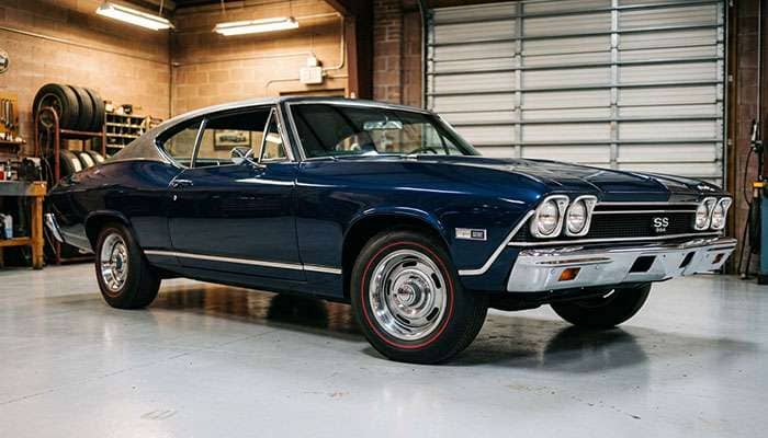 Nineteen sixties American muscle car parked on a shop floor wearing 14 inch chrome wheels with redline tires