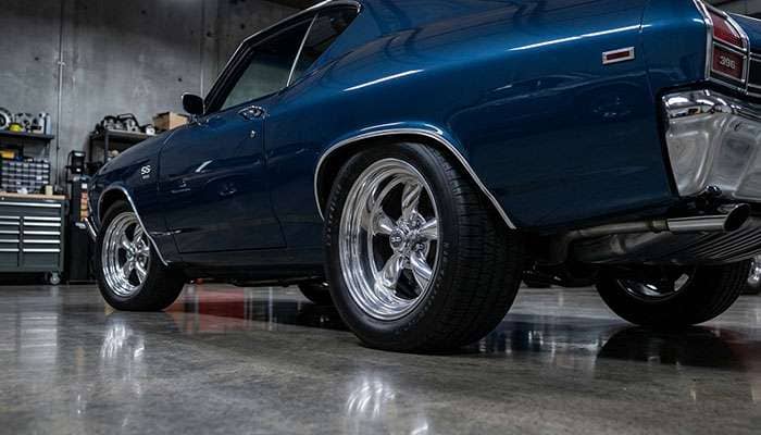 wide rear wheel with deep dish negative offset on a classic American muscle car in garage