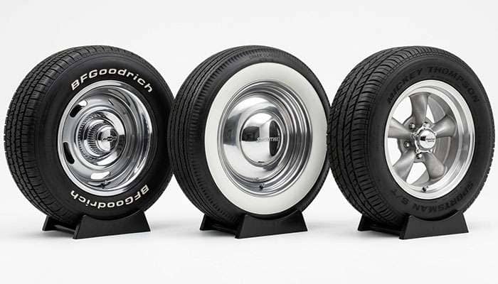 Classic truck wheel styles including rally, smoothie, and five-spoke designs, studio photo