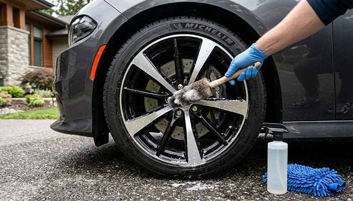 Soft-bristle brush and pH-neutral cleaner being used on a two-tone black machined wheel