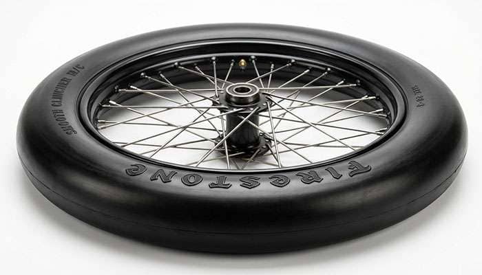 Firestone Smooth Clincher M/C 28-3 beaded-edge tire with raised FIRESTONE lettering seated in the hooked edge of an antique motorcycle clincher rim