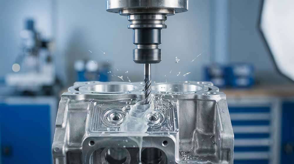 Close-up of a CNC machine precisely machining a metallic turbine component in a workshop setting