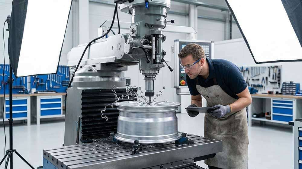 Worker inspecting a large aluminum wheel rim being machined on a CNC milling machine