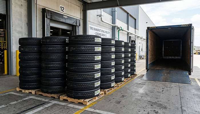 Stacks of new commercial truck tires waiting on a tire plant loading dock