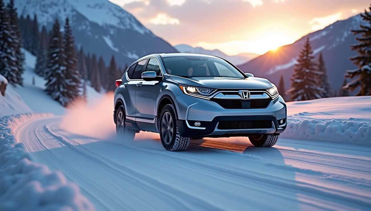 Blue compact SUV driving on a snowy mountain road at sunset, showcasing winter tires in a winter landscape