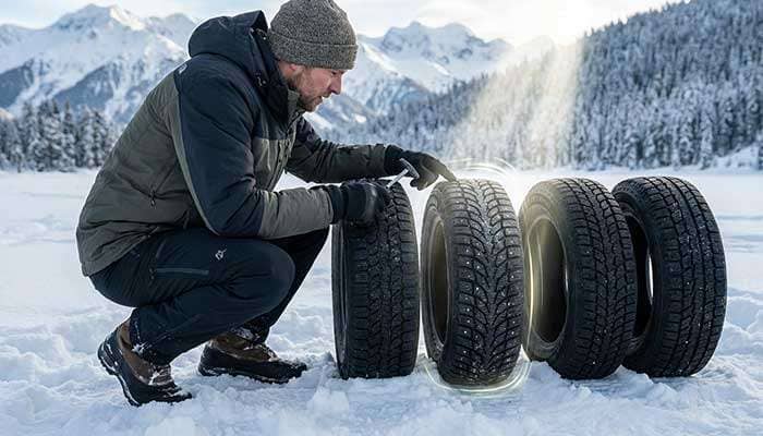 Person in winter gear comparing five all-terrain tires on snow, highlighting a winter tire with an arrow