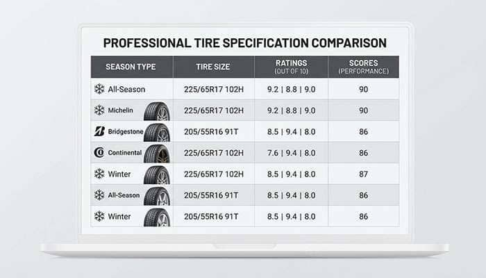 Comparison chart of Model 3 and Y tires by season, size, ratings, and final scores from TireRack and TyreReviews, 2025 update