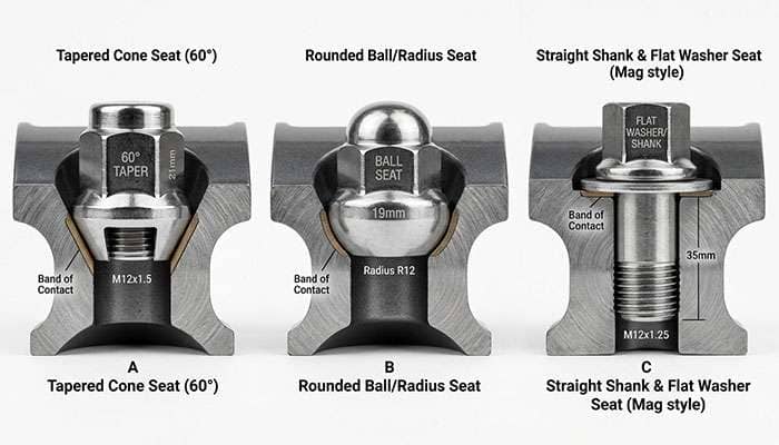 Cross-section comparison of conical, ball, and mag lug seats showing the contact band between each nut and wheel
